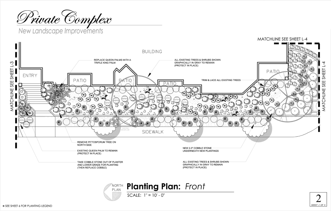 Black-and-white front planting plan for a private complex by John Kensla